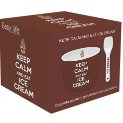 Easy Life Bol à glace avec cuillère, dans une boîte Keep CALM AND EAT ICE CREAM BROWN> Services De Table En Porcelaine​