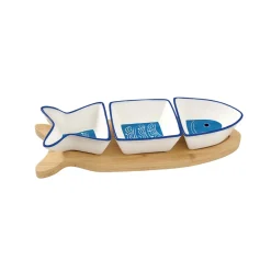Easy Life Ensemble apéritif avec 3 bols en porcelaine et plateau en bambou SARDINE’S PARTY> Maritime|Services De Table En Porcelaine
