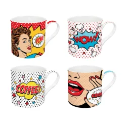Easy Life Ensemble de 4 mugs 300 ml en fine china POP ART> Coffret Cadeau|Petit Dejeuner