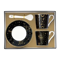 Easy Life Ensemble de 2 petites tasses à espresso de 100 ml avec soucoupes et cuillères, dans une boîte cadeau CELESTIAL> Coffret Cadeau|Petit Dejeuner
