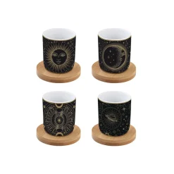 Easy Life Ensemble de 4 petits verres à café de 110 ml avec soucoupes en bambou, dans une boîte cadeau CELESTIAL> Coffret Cadeau|Petit Dejeuner