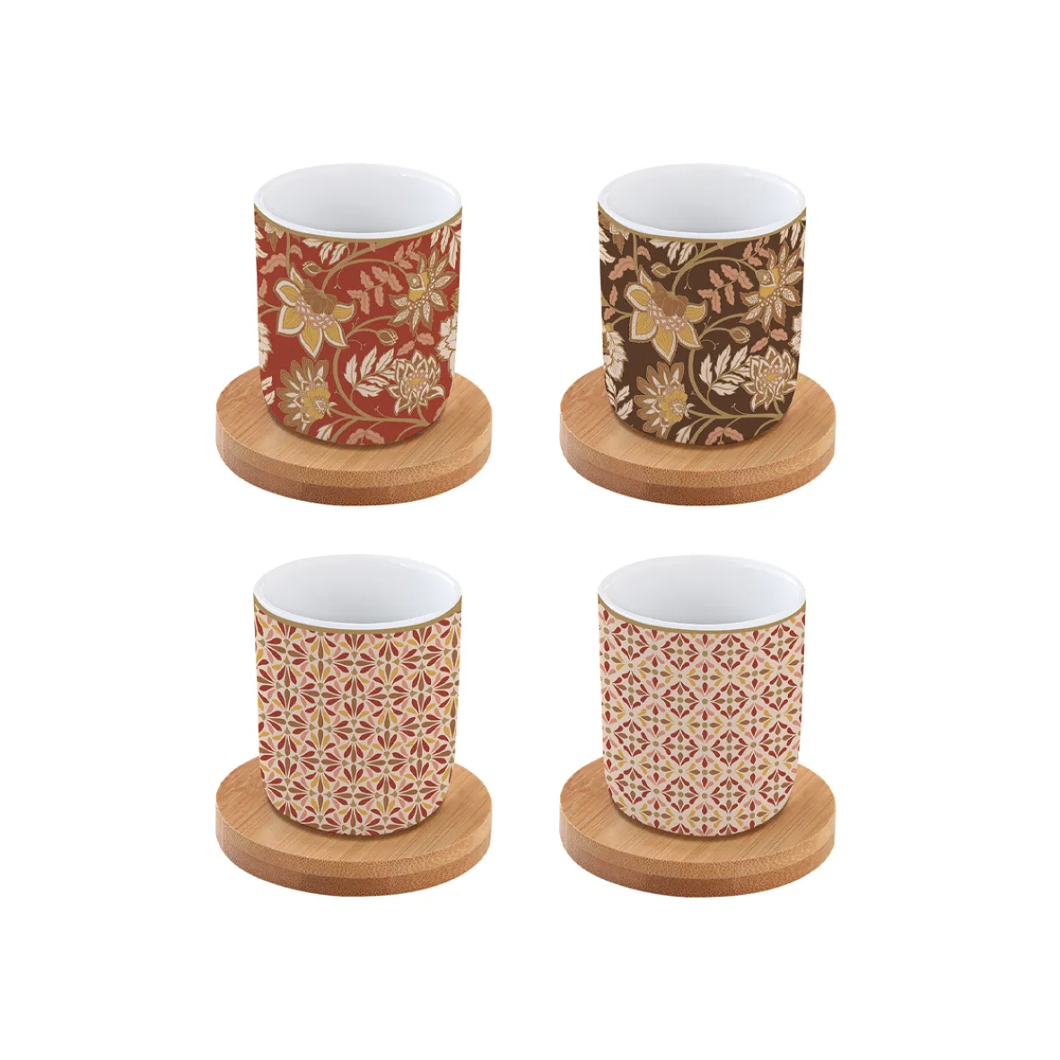 Easy Life Ensemble de 4 tasses à café en porcelaine avec soucoupe en bambou 110 ml FLEURS DES RÊVES> Coffret Cadeau