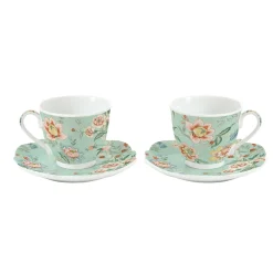 Easy Life Ensemble de 2 tasses avec soucoupes en porcelaine, 225 ml ZEN GARDEN GREEN> Romantique|Petit Dejeuner