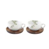 Easy Life Ensemble de 2 tasses en porcelaine de 120 ml avec soucoupes en acacia NATURA> Nature|Petit Dejeuner