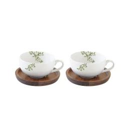Easy Life Ensemble de 2 tasses en porcelaine de 120 ml avec soucoupes en acacia NATURA> Nature|Petit Dejeuner