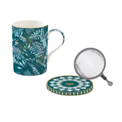 Easy Life Mug et sous-verre en porcelaine avec infuseur 350 ml Atmosphere JUNGLE> Coffret Cadeau|Petit Dejeuner