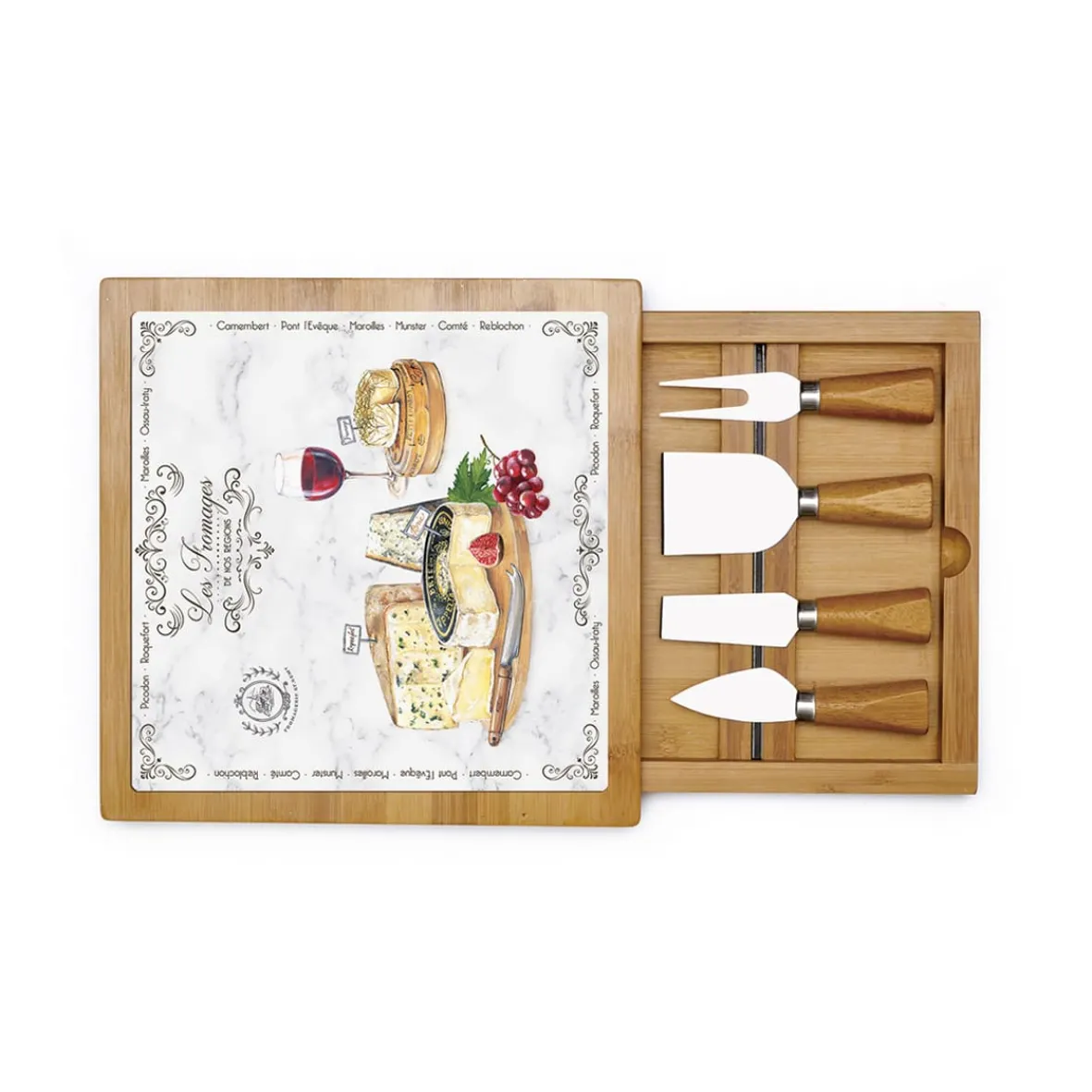 Easy Life Planche à fromage en bambou avec plateau en verre et couteaux LES FROMAGES> Quotidienne|Cuisine