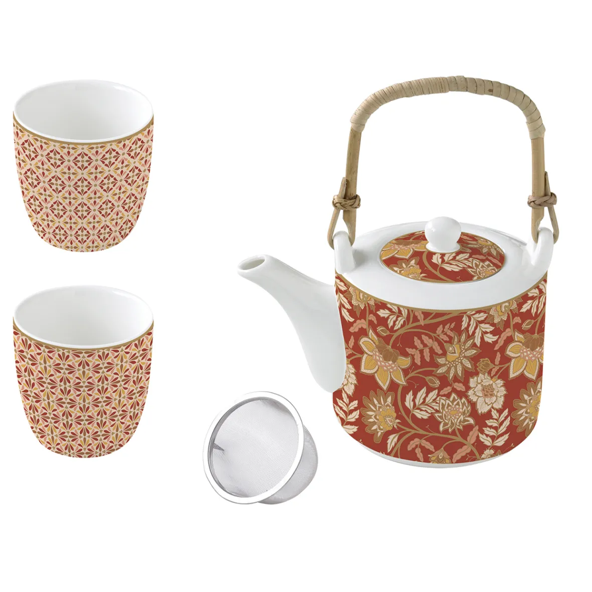 Easy Life Théière avec infuseur en métal et 2 tasses en porcelaine 600 ml + 160 ml FLEURS DES RÊVES> Coffret Cadeau