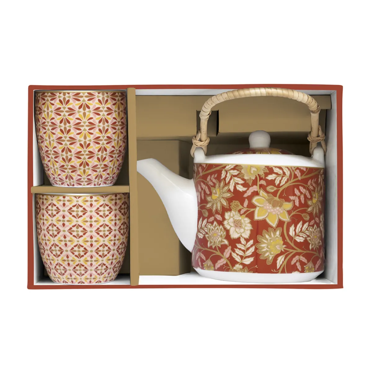 Easy Life Théière avec infuseur en métal et 2 tasses en porcelaine 600 ml + 160 ml FLEURS DES RÊVES> Coffret Cadeau