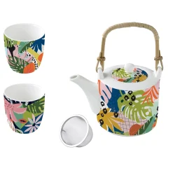 Easy Life Théière de 600 ml avec 2 tasses TROPICAL VIBES> Coffret Cadeau|Petit Dejeuner